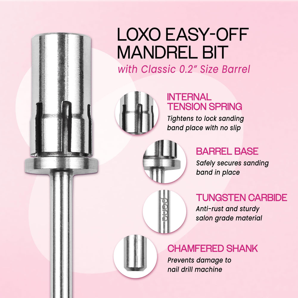 PANA Loxo easy-off mandrel bit mounted securely on a nail drill.