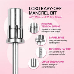 PANA Loxo easy-off mandrel bit mounted securely on a nail drill.