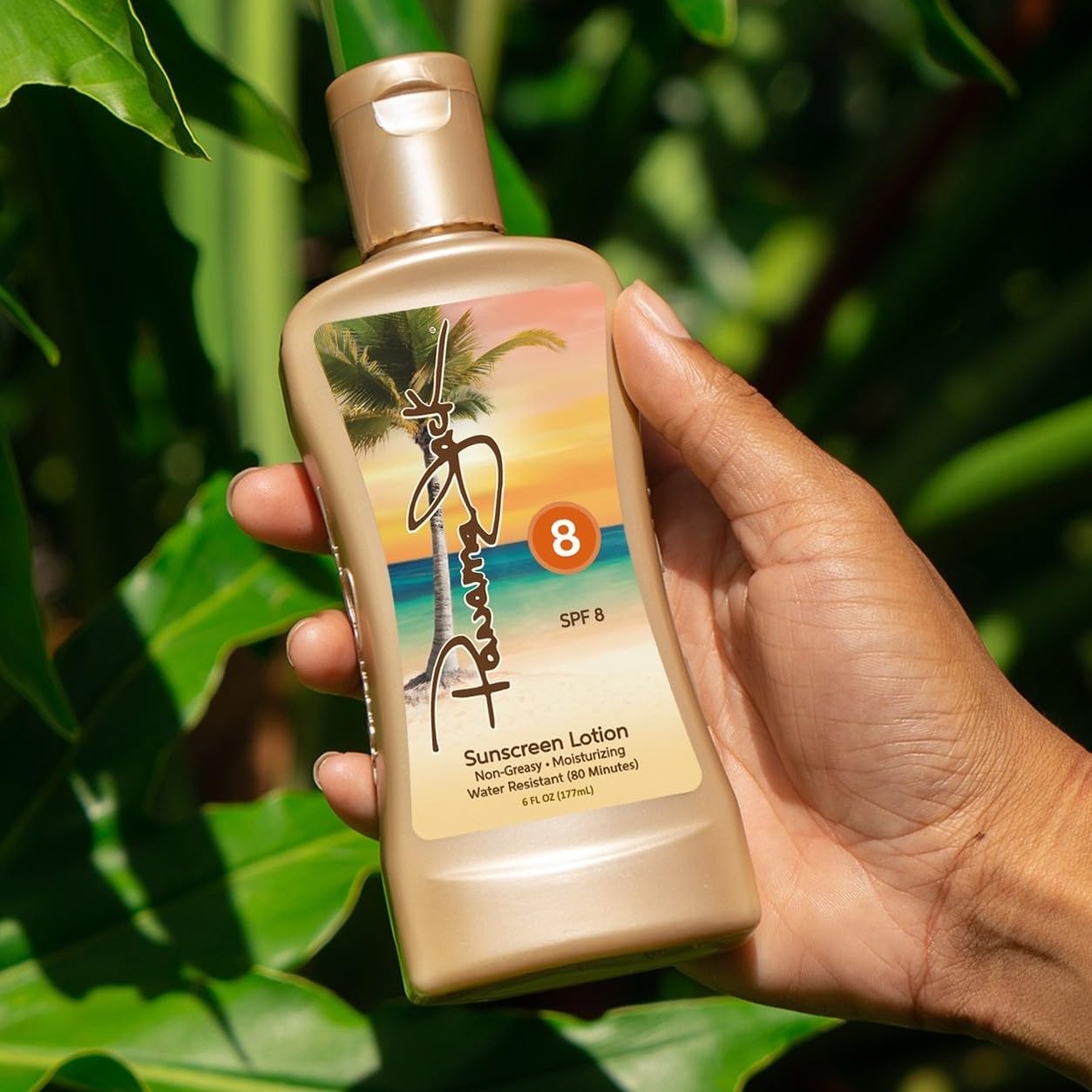 Panama Jack Sunscreen Tanning Lotion SPF 8 label close-up highlighting antioxidants.