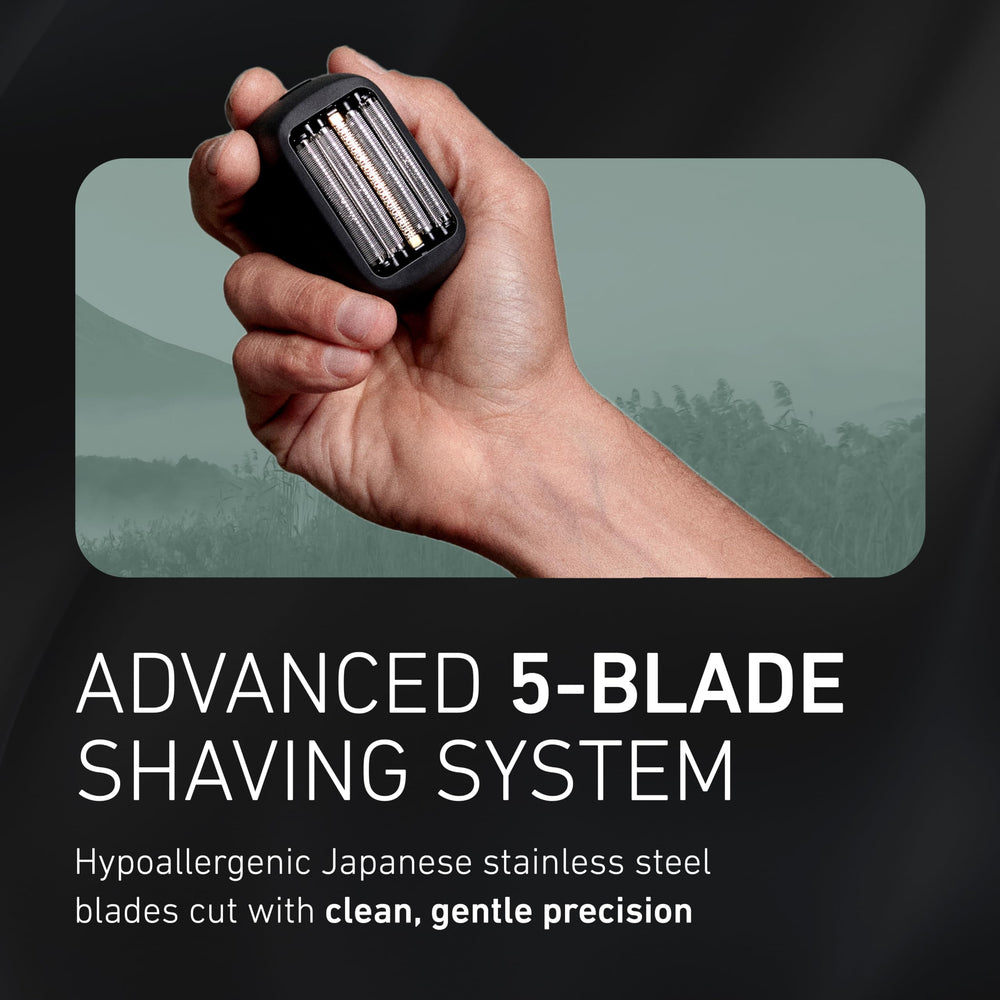 Panasonic ARC5 flexible floating blades follow facial curves effortlessly.