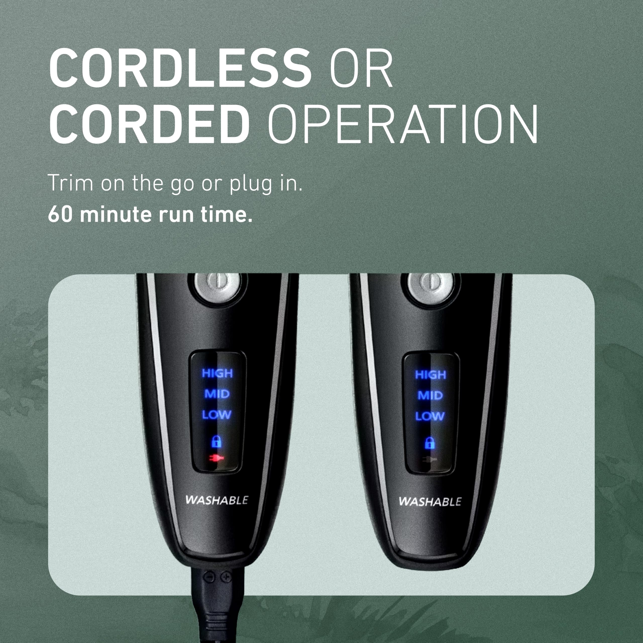 Cordless operation up to 60 minutes on Panasonic ER-SB40-K for flexible grooming