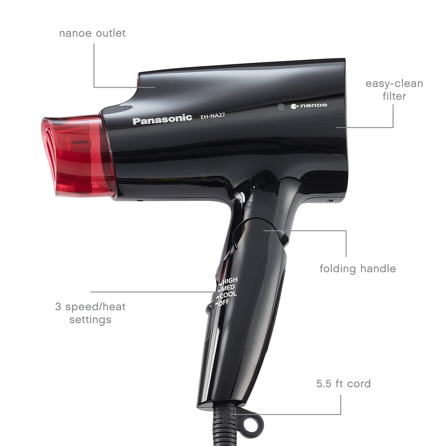 Panasonic EH-NA27-K two-speed settings tailor airflow to your hair.