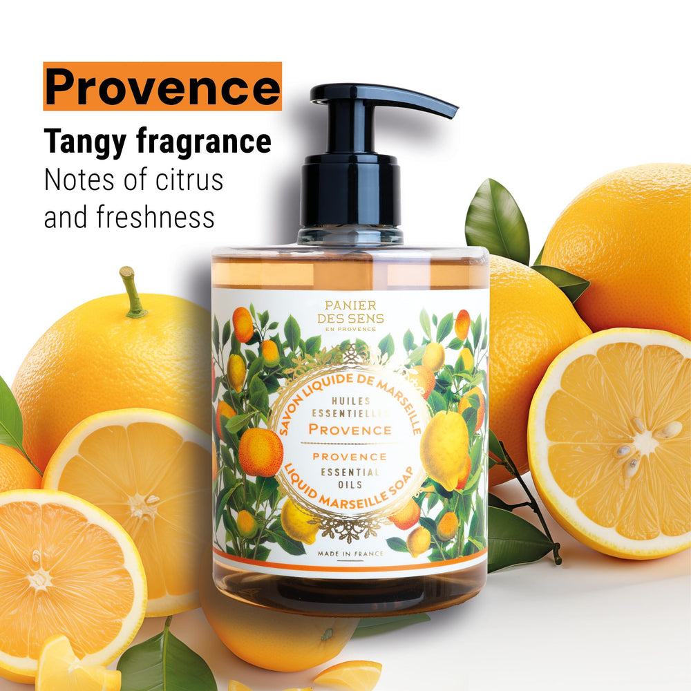 Panier des Sens Fresh Citrus hand soap bottle close-up highlighting natural ingredients.