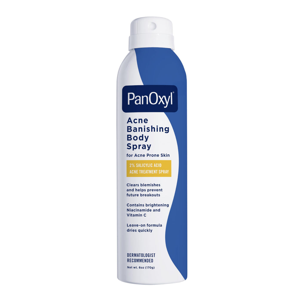 PanOxyl Acne Banishing Body Spray con atomizador 360 grados para cobertura total.