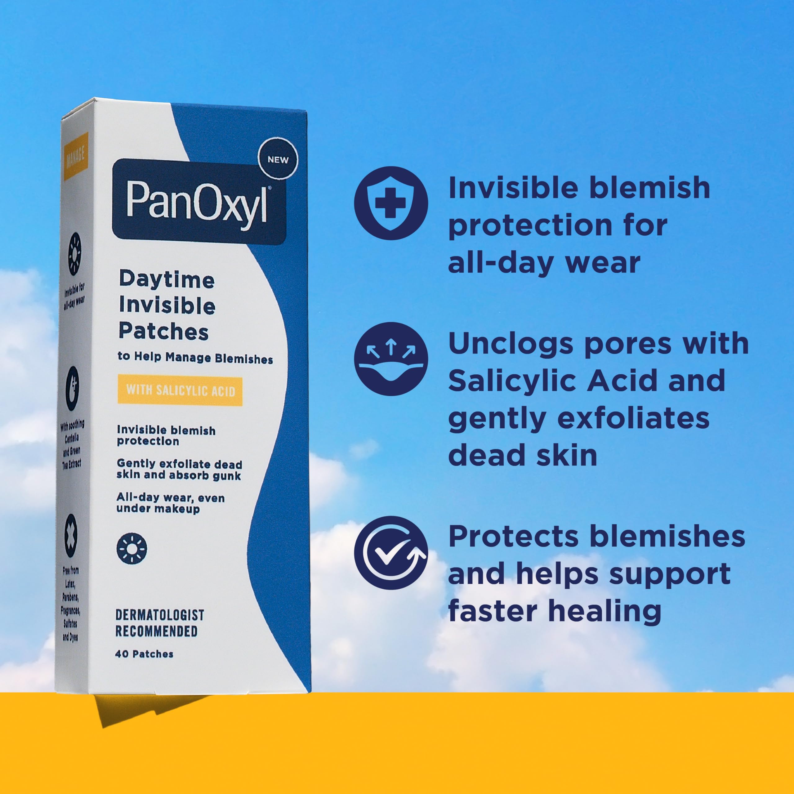 Transparent PanOxyl patch applied to clean skin, suitable under makeup