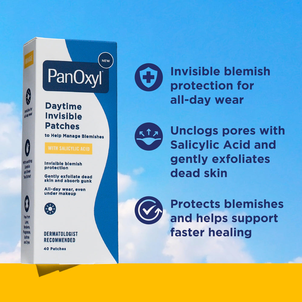 Transparent PanOxyl patch applied to clean skin, suitable under makeup