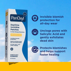 Transparent PanOxyl patch applied to clean skin, suitable under makeup