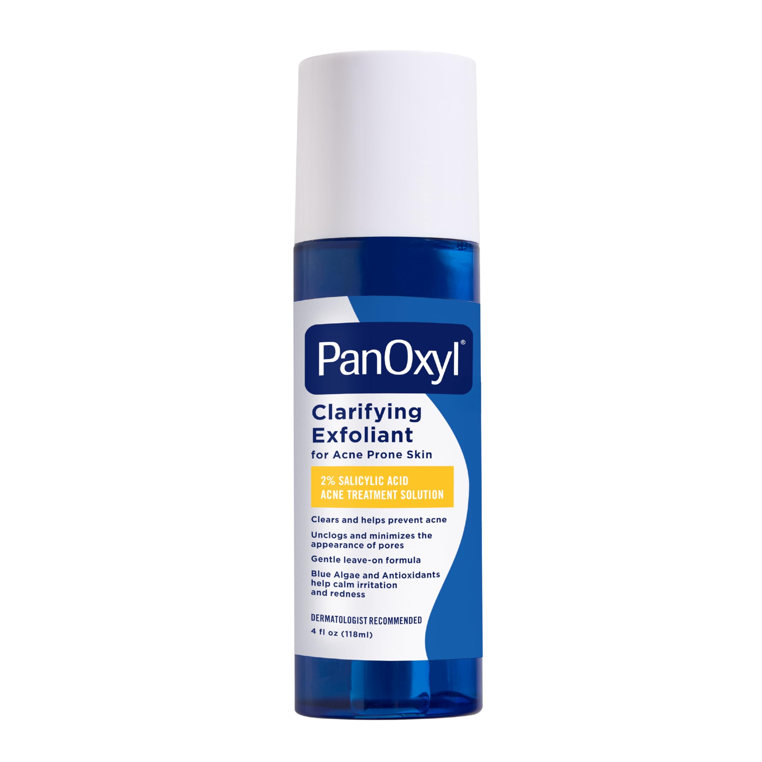 PanOxyl Exfoliante Clarificante, botella contiene ácido salicílico para poros más limpios.