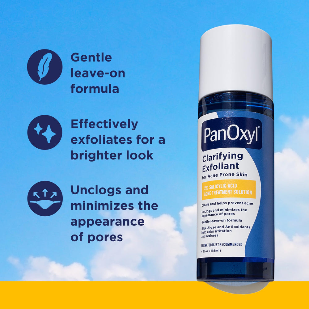 PanOxyl Exfoliante Clarificante, envase y aplicación diaria para mantener poros más limpios.