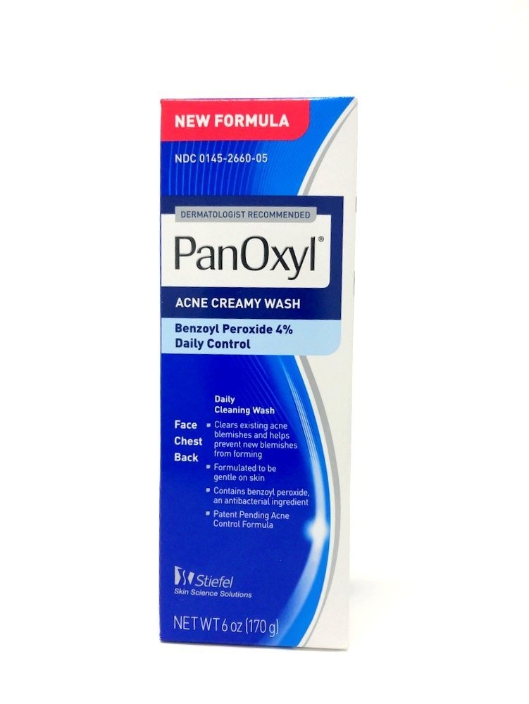 PanOxyl limpiador cremoso antiacné, botella de 6 onzas para limpieza suave.