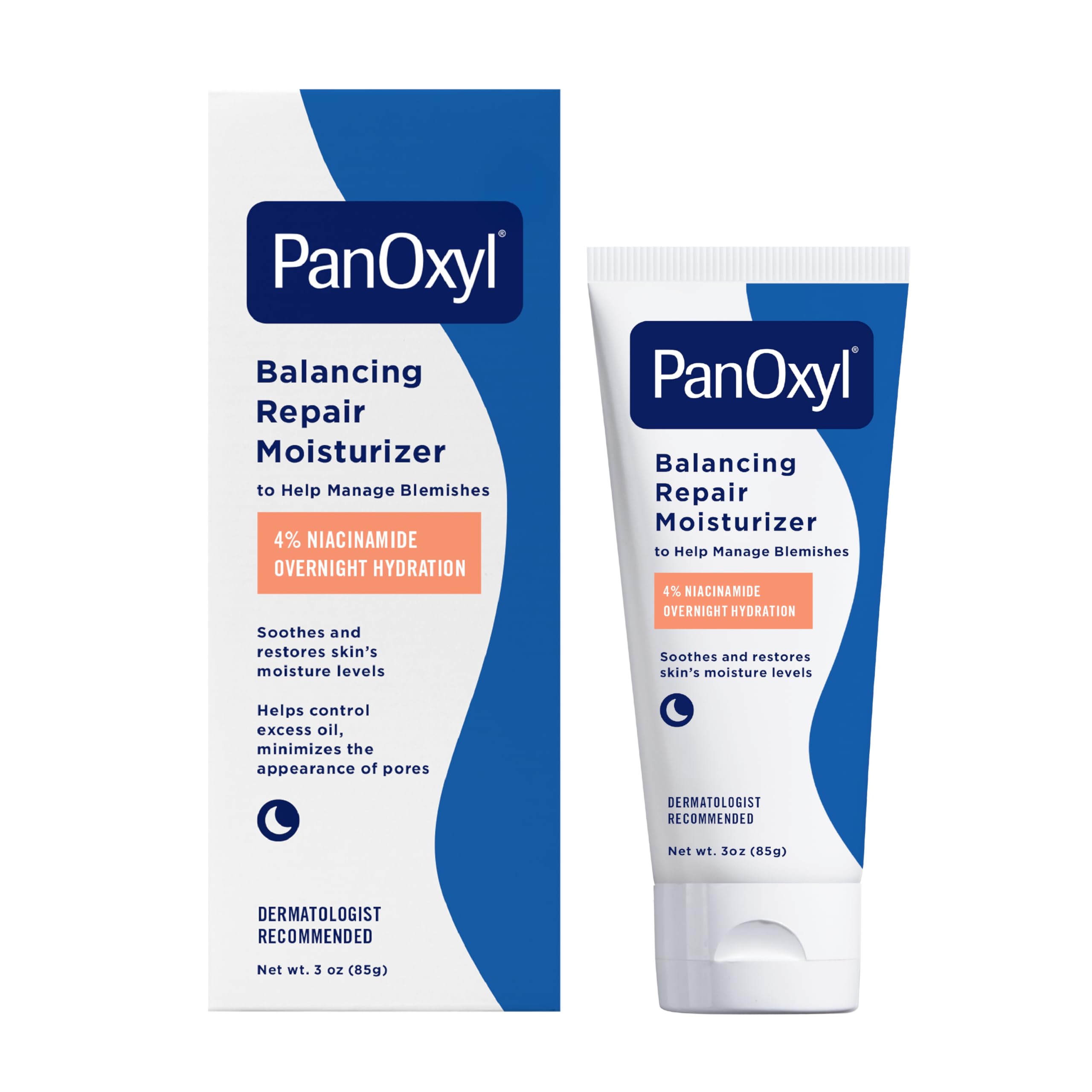 PanOxyl PM Balancing Repair Crema Nocturna envase, hidratación suave para piel sensible.