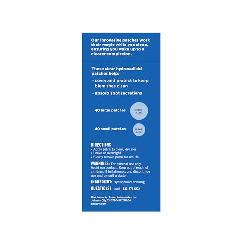PanOxyl PM Overnight Spot Patches, caja abierta, permite ver tamaños y opciones de cobertura.