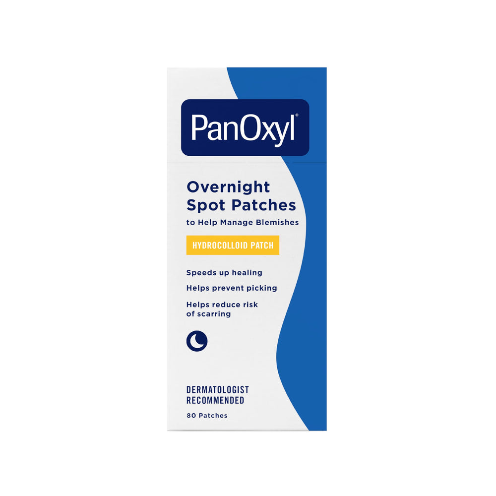 PanOxyl PM Overnight Spot Patches, caja frontal, formato suave para uso nocturno seguro.
