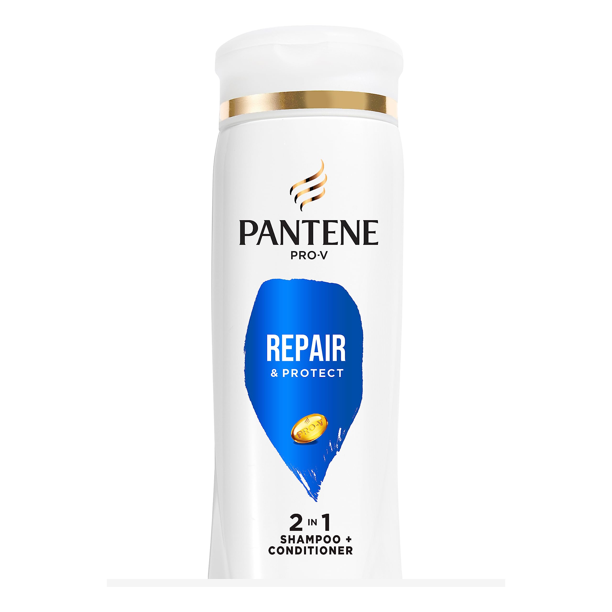 Pantene 2 en 1, botella vertiendo, limpieza nutritiva para el cabello.
