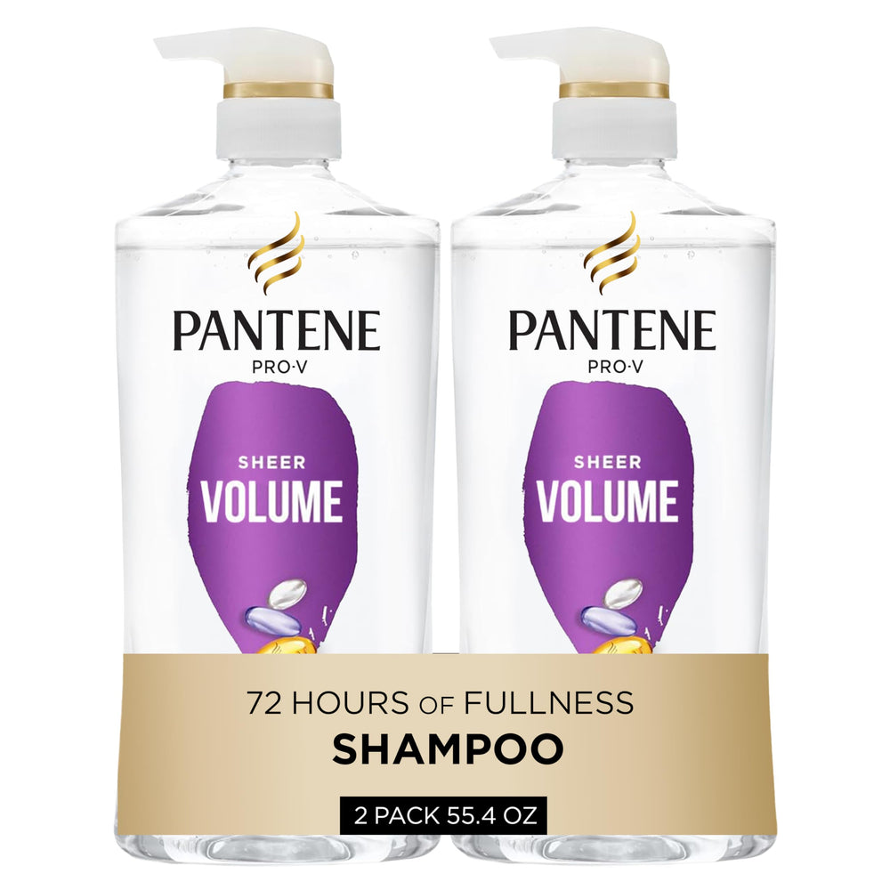 Pantene Champú Sheer Volume en botella, ideal para cabello fino con plenitud duradera.