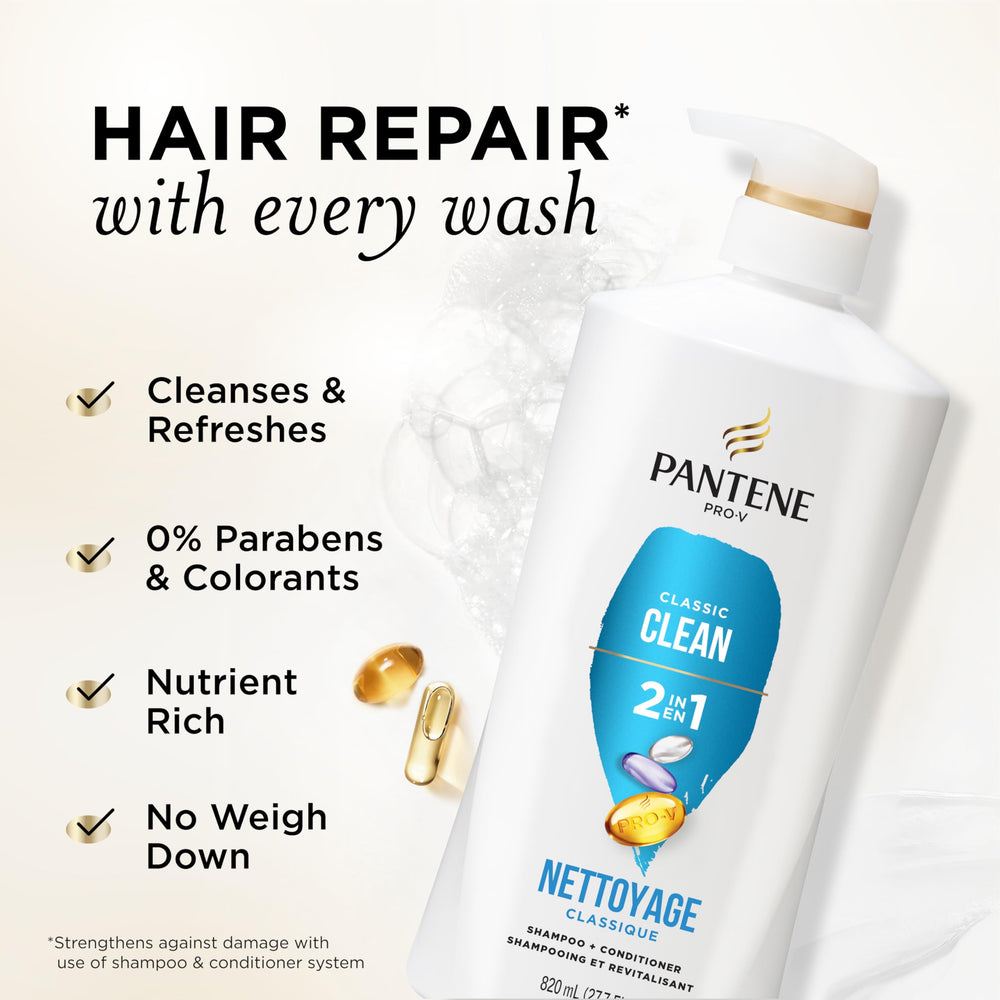 Pantene Classic Clean 2-in-1 bottle side label shows ingredients and usage