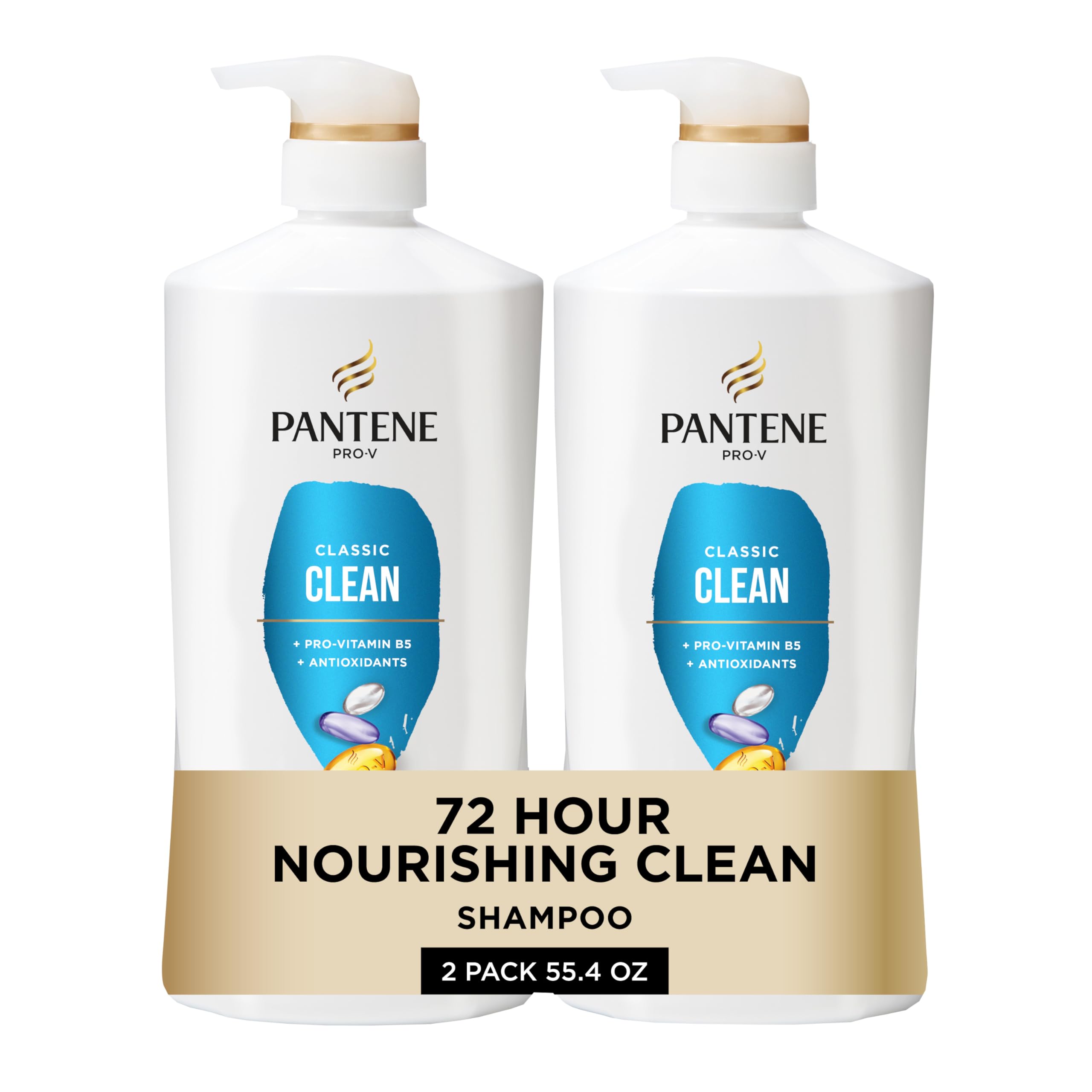 Pantene Classic Clean Shampoo, botella derramando, ofrece limpieza profunda sin resecar el cabello