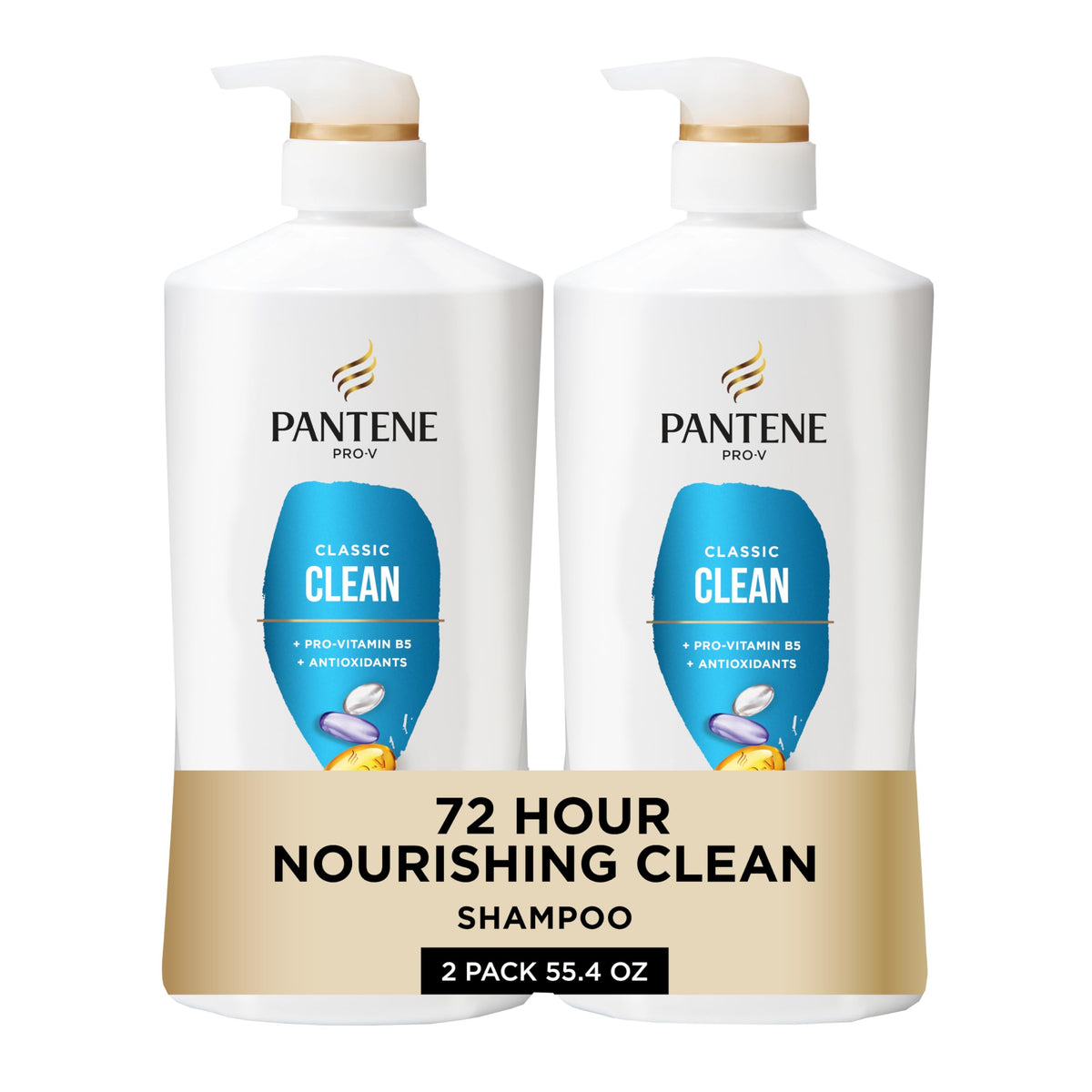 Pantene Classic Clean Shampoo, botella derramando, ofrece limpieza profunda sin resecar el cabello