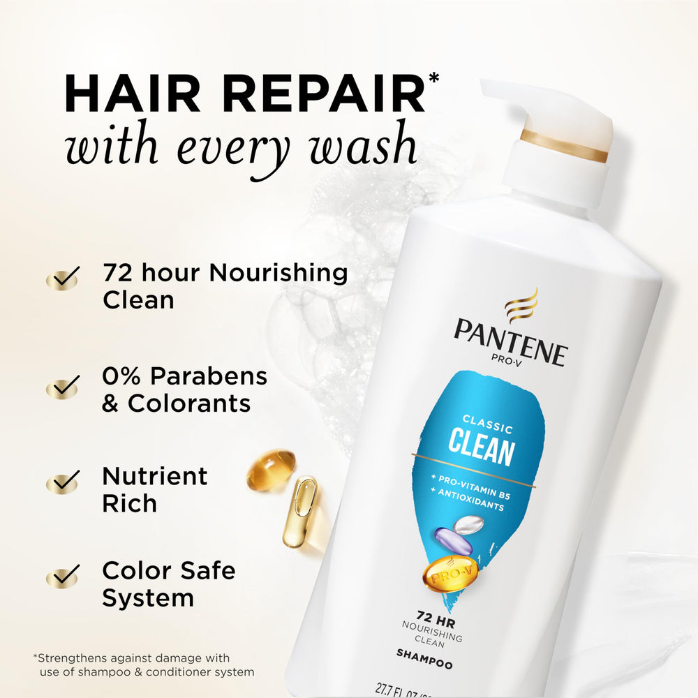 Pantene Classic Clean Shampoo frente del pack, muestra el diseño y nutrición
