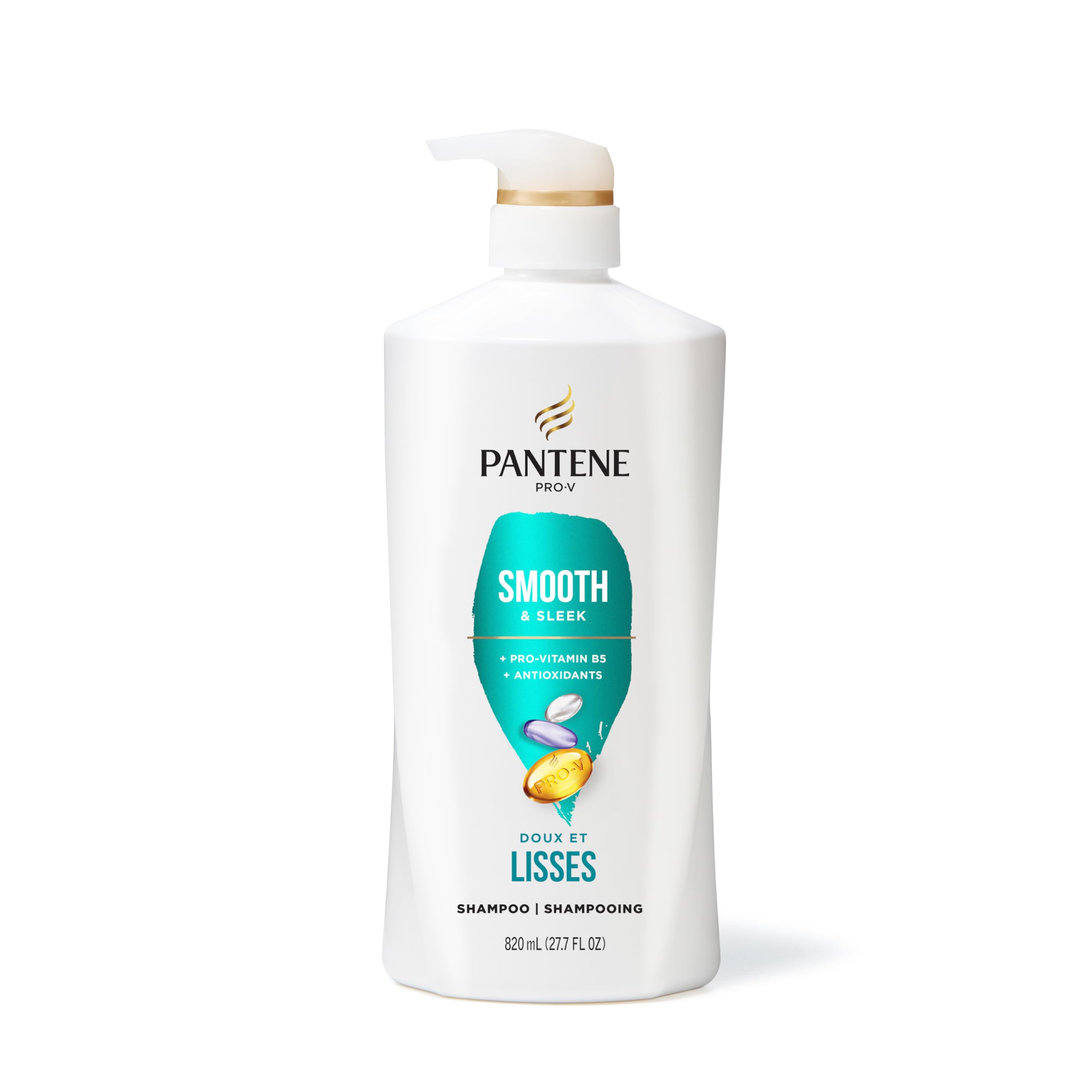 Pantene Smooth & Sleek shampoo pouring into hand during routine.