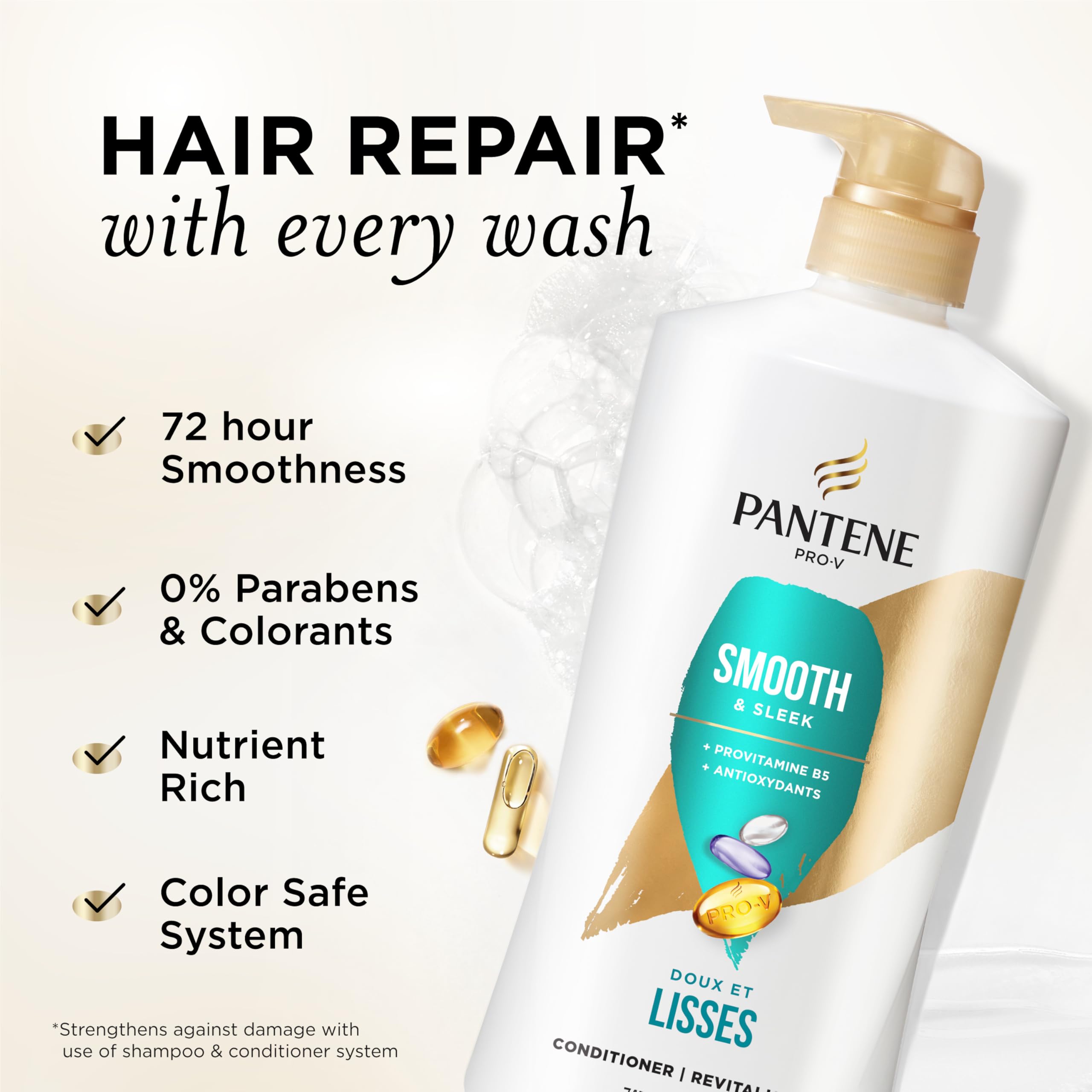 Pantene Condicionador Pro-V Nutrición, botella, antioxidantes y pH balanceado para cabello suave.