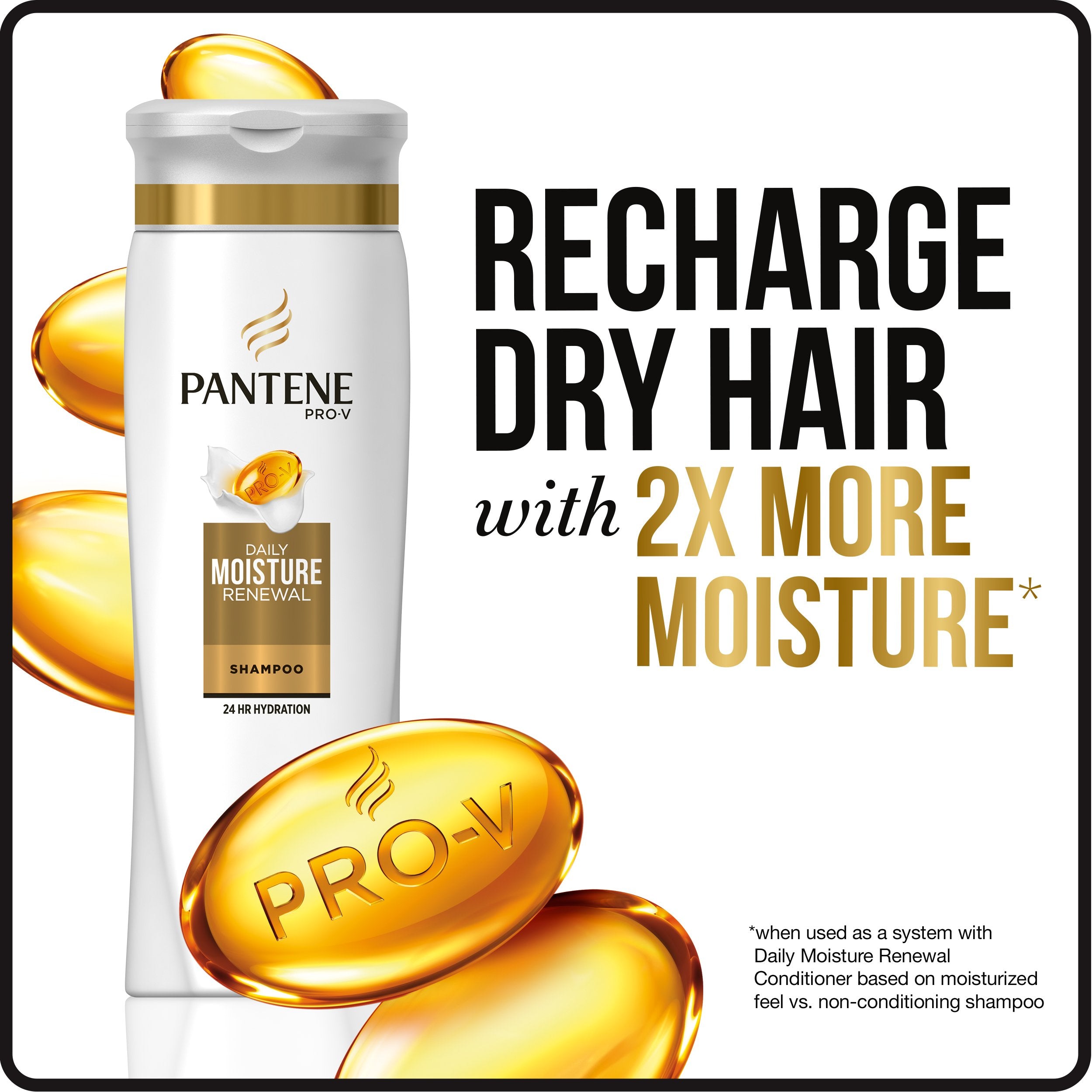 Pantene packaging emphasizes antioxidants supporting reduced protein loss.
