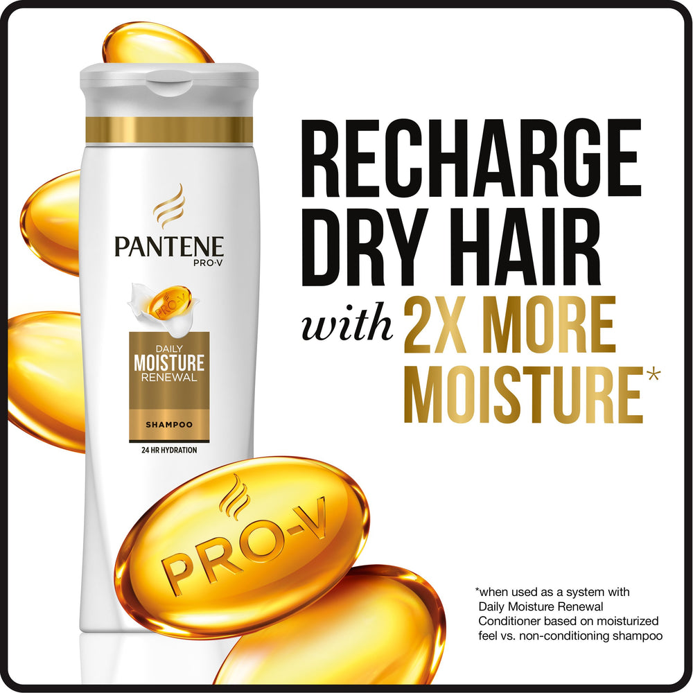 Pantene packaging emphasizes antioxidants supporting reduced protein loss.