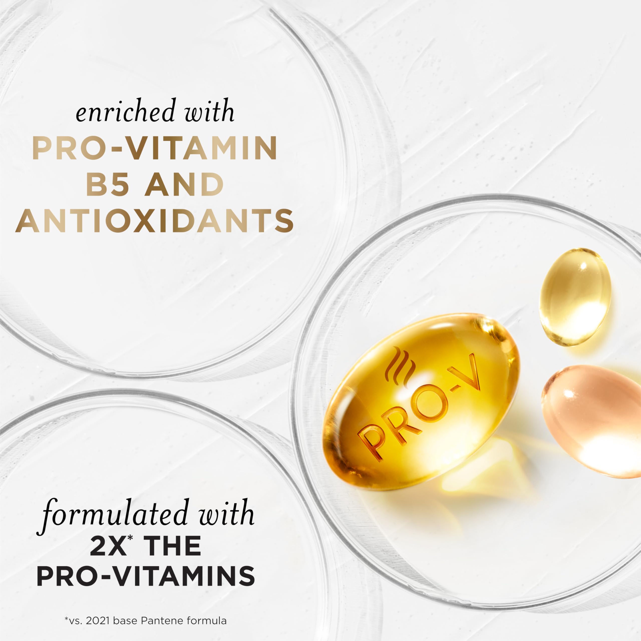 Pantene bottle close-up shows antioxidant blend for healthy shine.