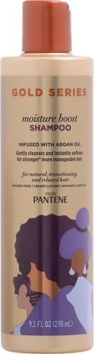Argan oil formula highlighted on Pantene Gold Series Boost Shampoo for smooth hydration.
