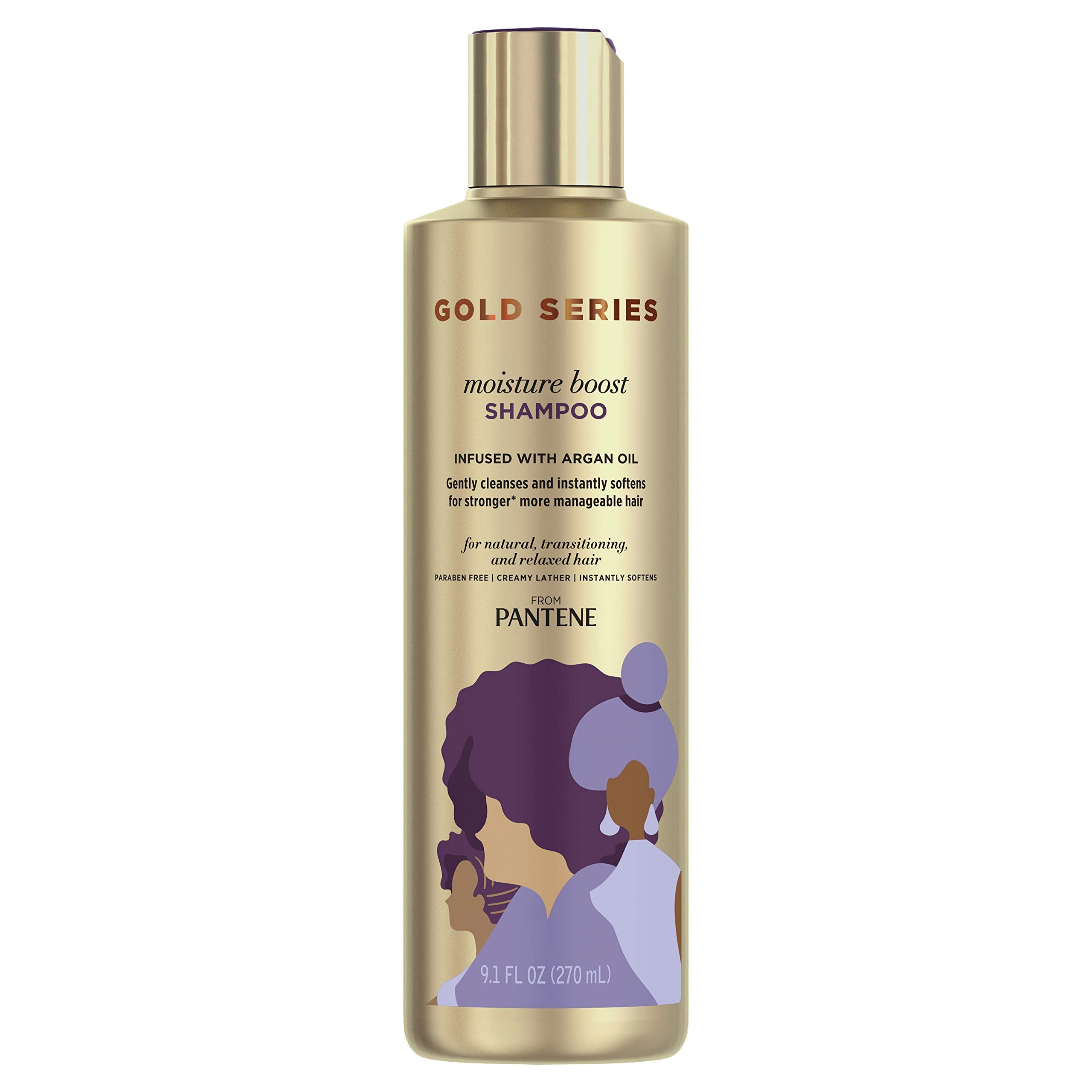 Pantene Pro-V Gold Series Boost Shampoo bottle with argan oil for daily moisture.