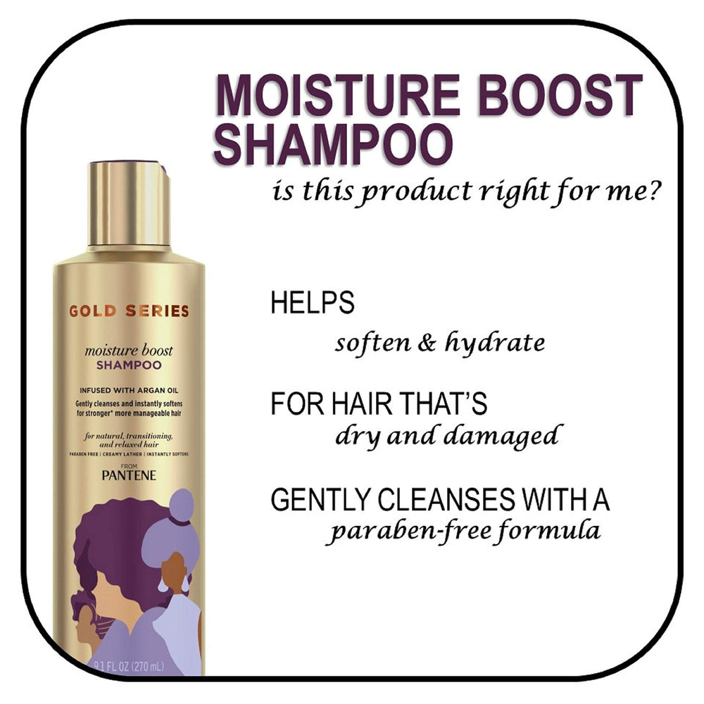 Paraben-free formula emphasized for Pantene Gold Series Boost Shampoo.