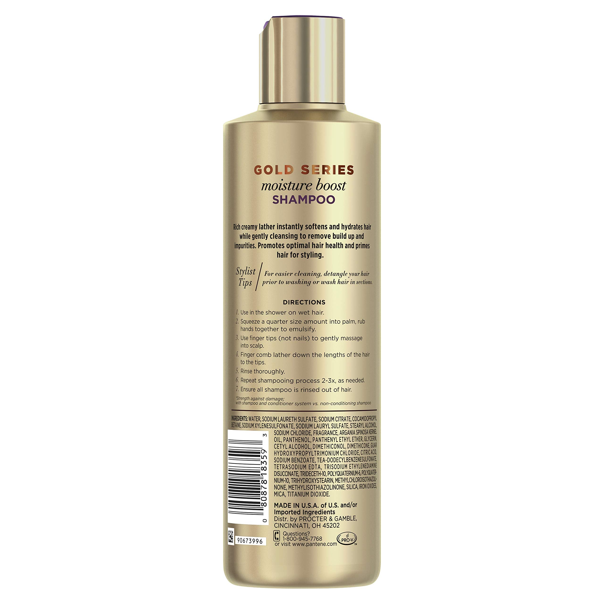 Root-to-tip application demonstrated with Pantene Gold Series Boost Shampoo.