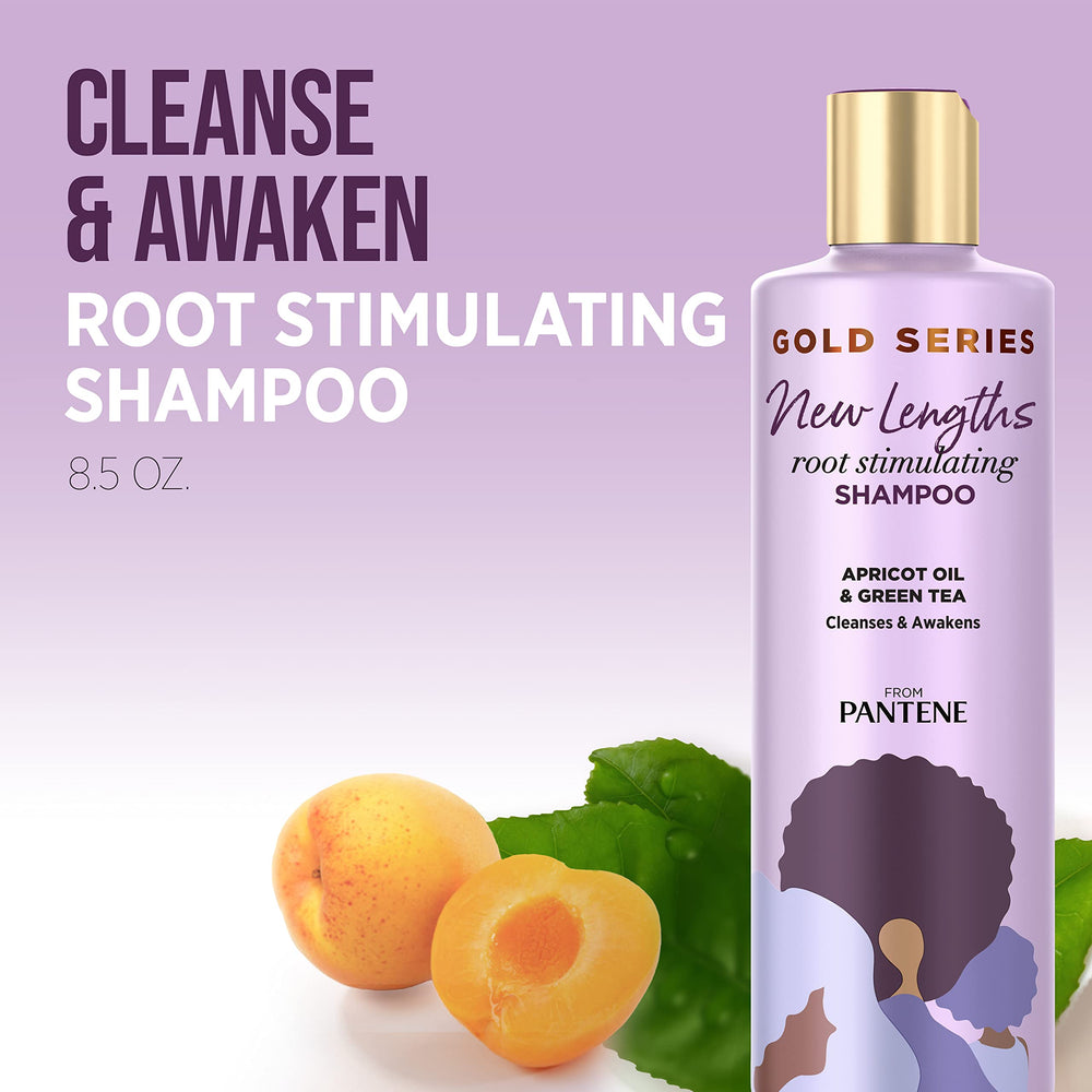 Pantene Gold Series New Lengths Shampoo con aroma a albaricoque para una experiencia sensorial.