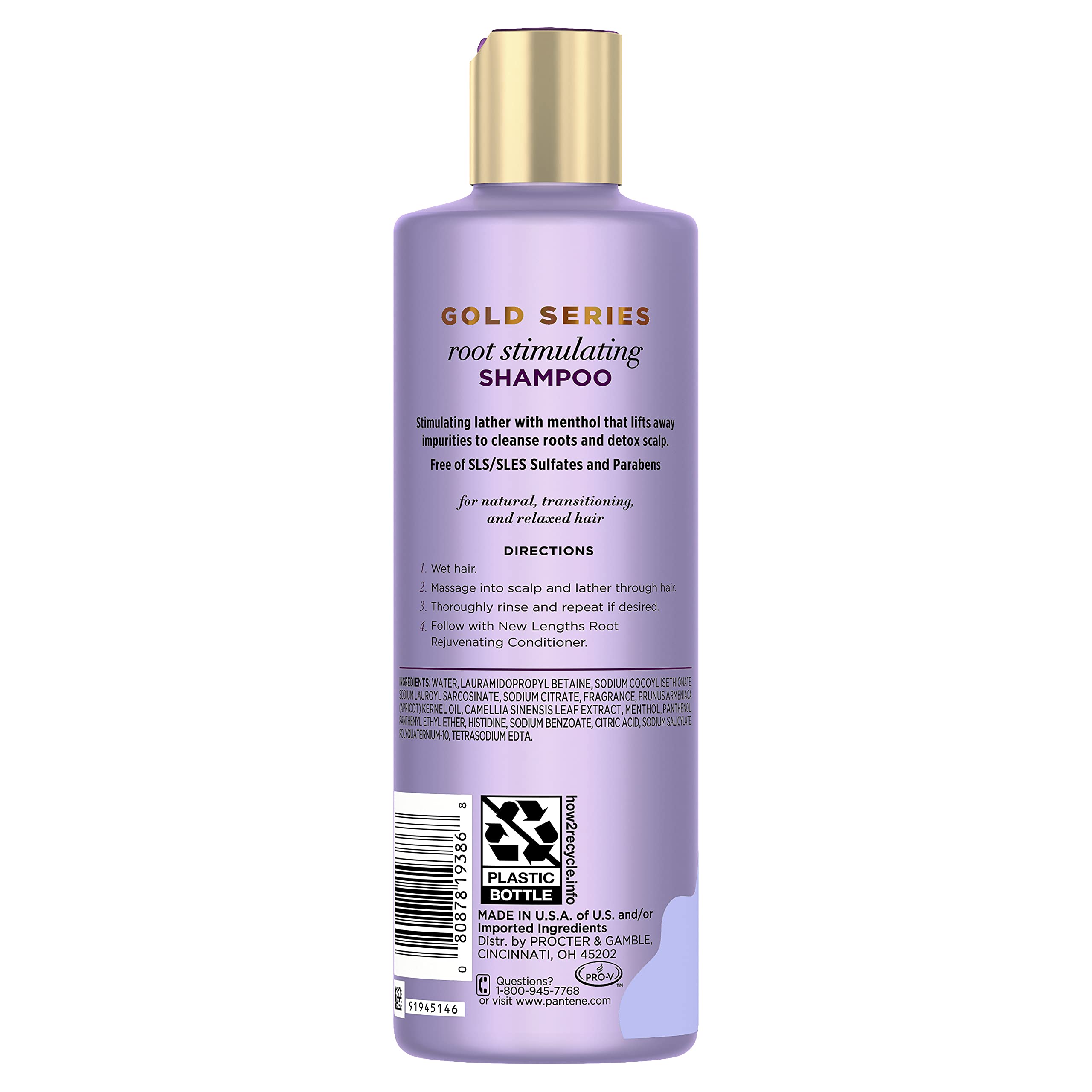 Pantene Gold Series New Lengths Shampoo con té verde para revitalizar el cabello.