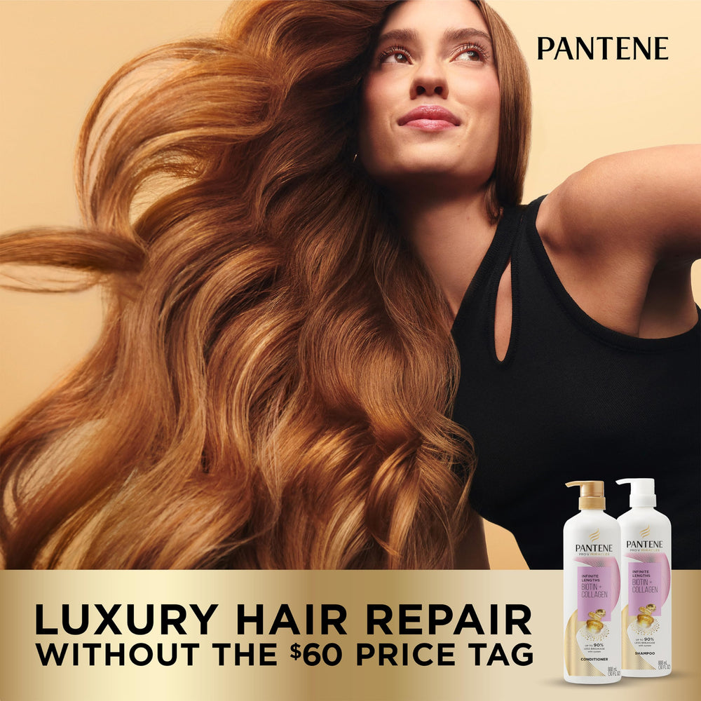 Pantene Infinite Lengths Conditioner in shower, ready to rinse for smoother hair.