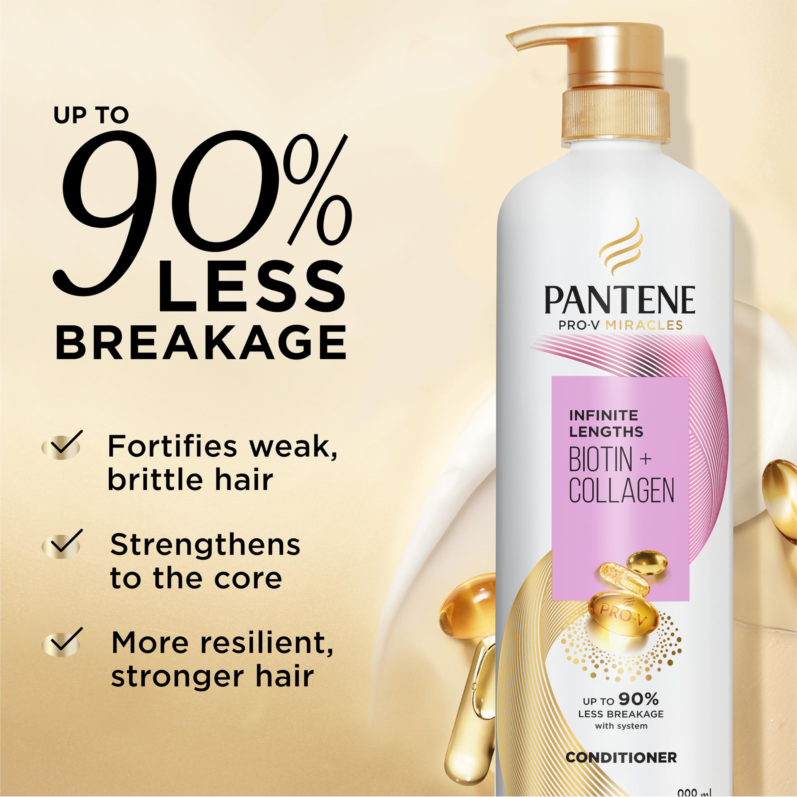 Pantene Infinite Lengths Conditioner label highlights Biotin and Collagen for stronger strands.