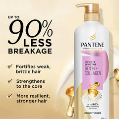 Pantene Infinite Lengths Conditioner label highlights Biotin and Collagen for stronger strands.