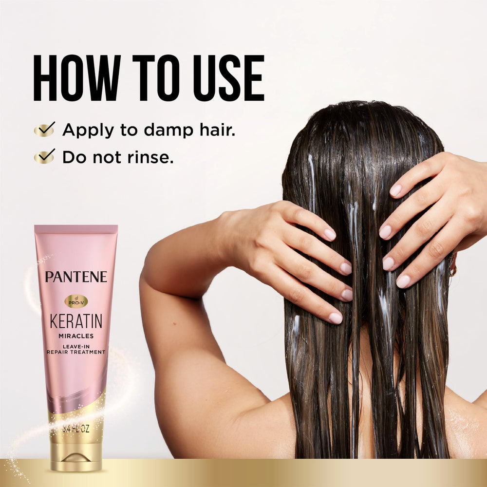 Pantene Keratin Leave-In formula with argan oil nourishes and strengthens hair fibers.