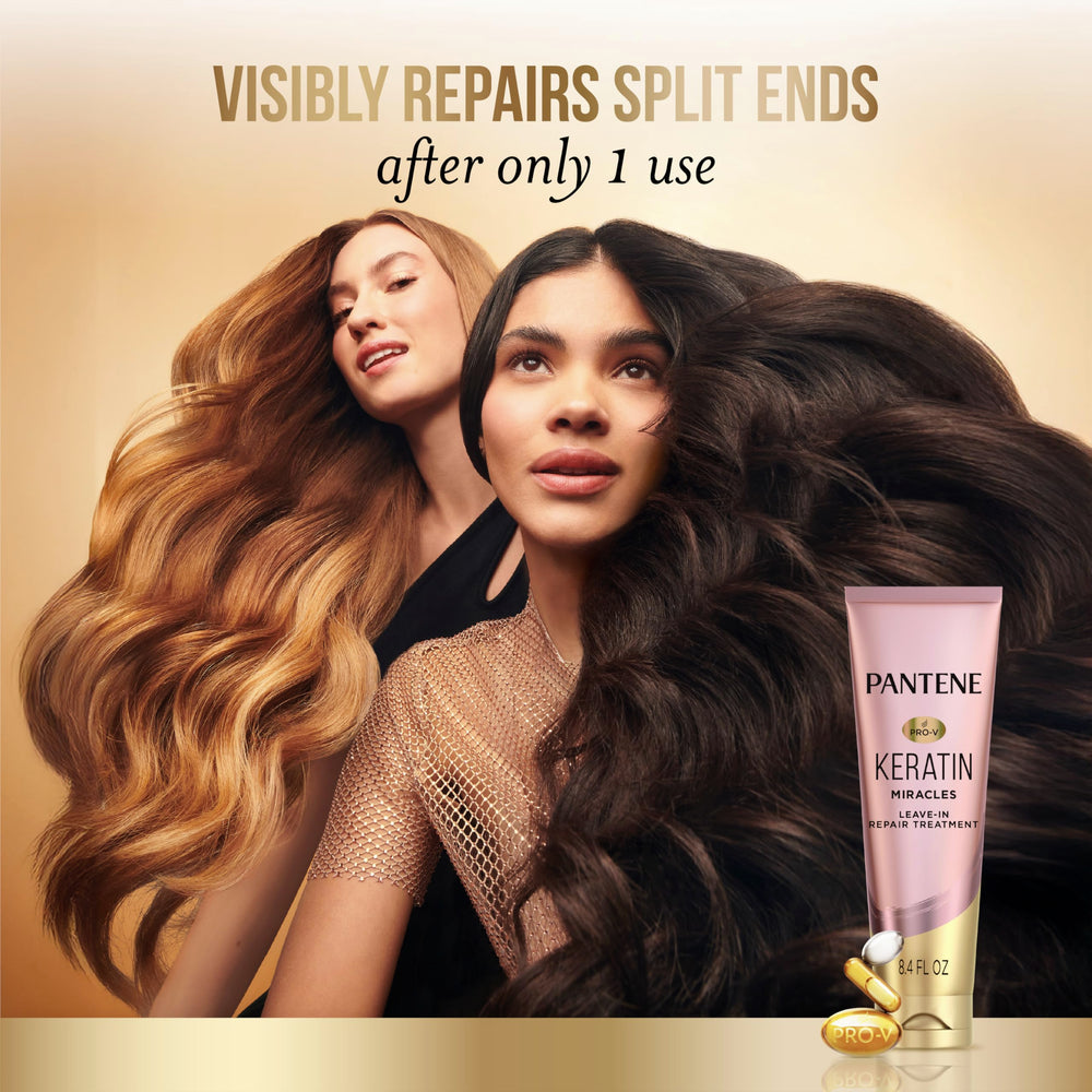 Pantene Keratin Leave-In enriched with Pro-Vitamin B5 supports lasting hydration.