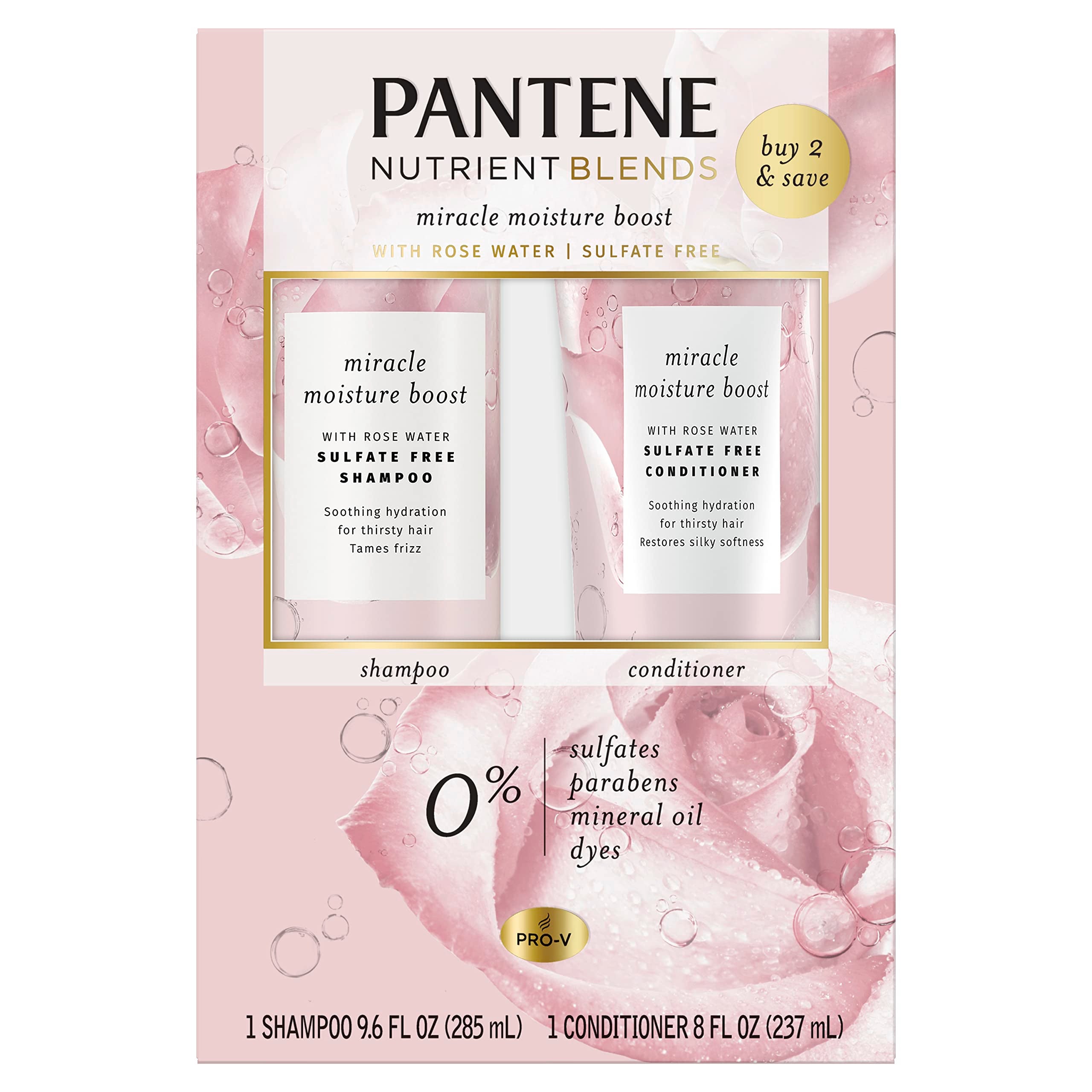 Pantene Nutrient Blends Rosa Champú: botella visible, fragancia floral suave para cabello seco.