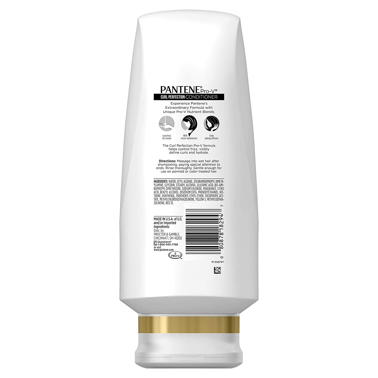 Pantene Pro-V Curly Conditioner dispensing bottle demonstrates easy, mess-free application for smooth curls
