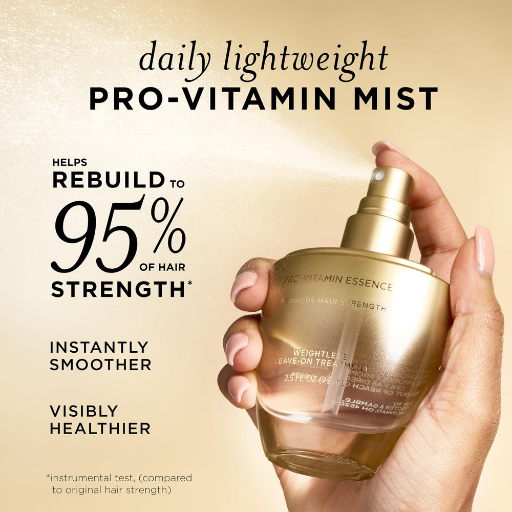 Pantene Pro-Vitamin Essence mist application on damp hair for strength.