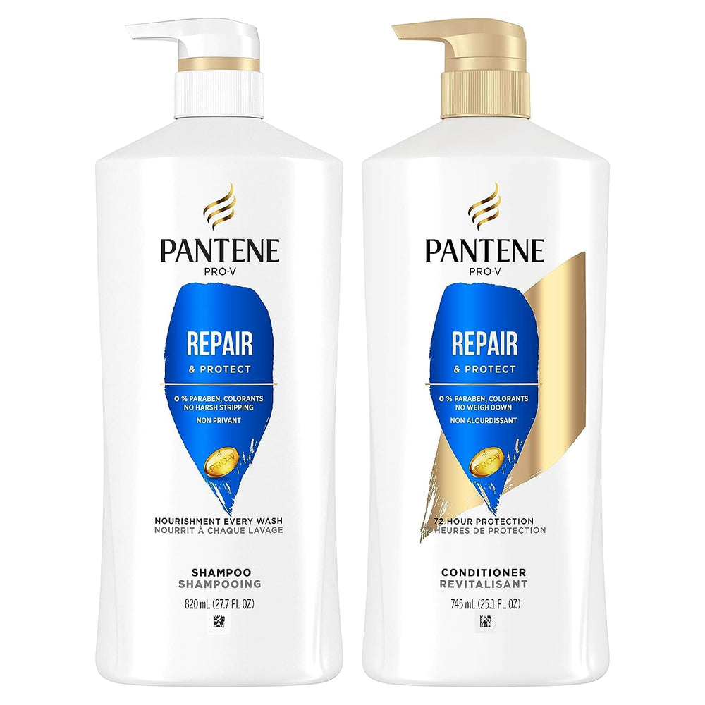 Pantene Repair Pro-V shampoo bottle showing strengthened strands after use