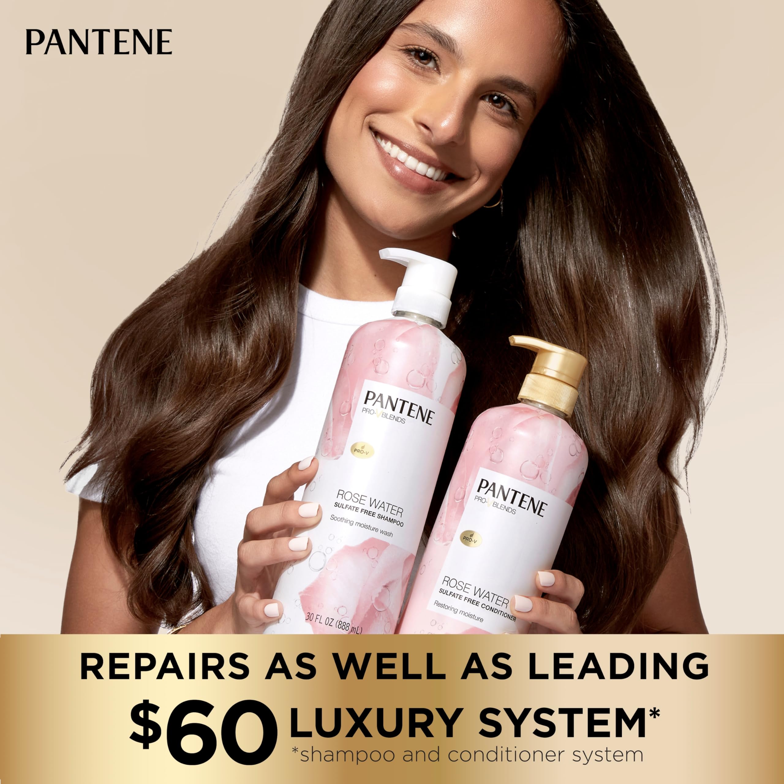 Pantene Rose Water Shampoo with rose petals implies soothing hydration