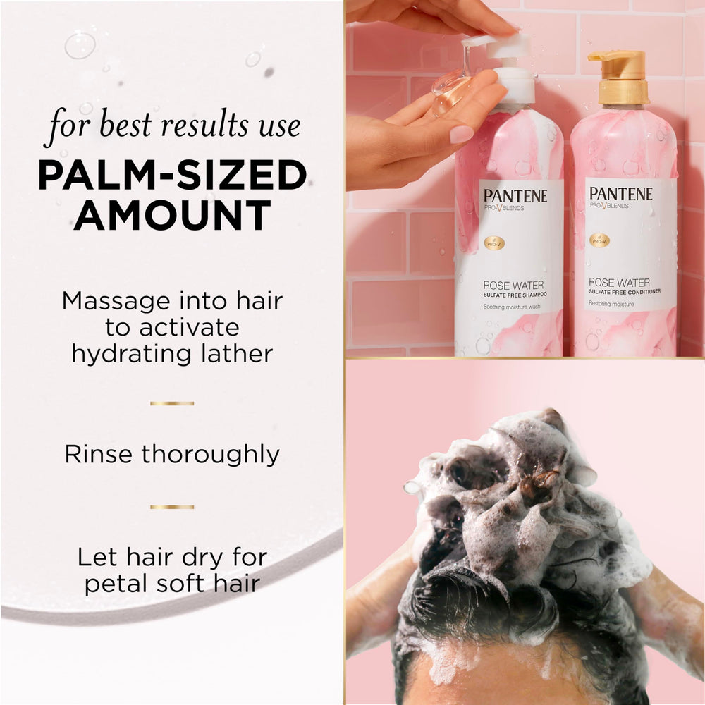 Pantene Rose Water Shampoo conveys a soothing scent and moisture boost