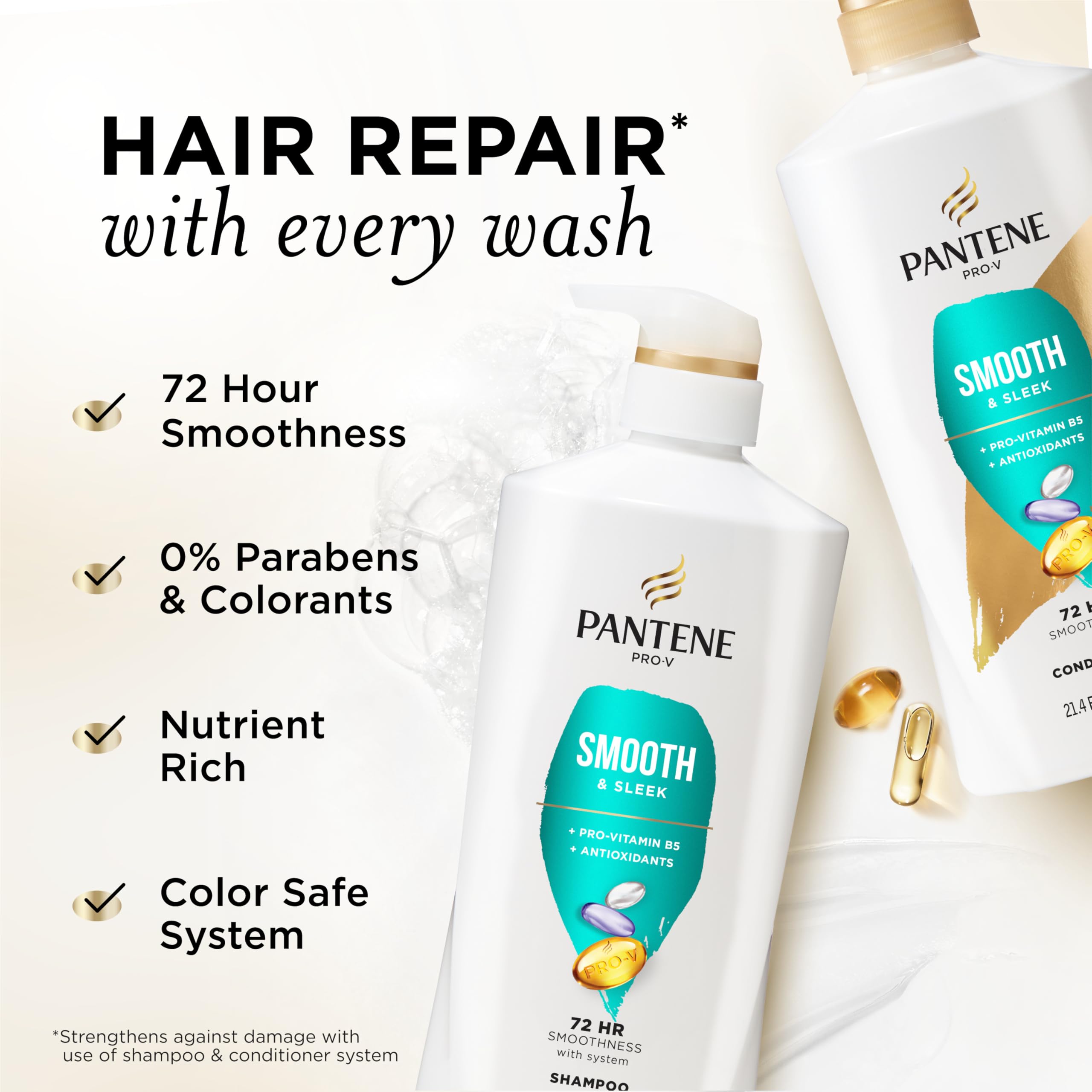 Pantene Smooth & Sleek conditioner bottle delivering lasting moisture for glossy strands.