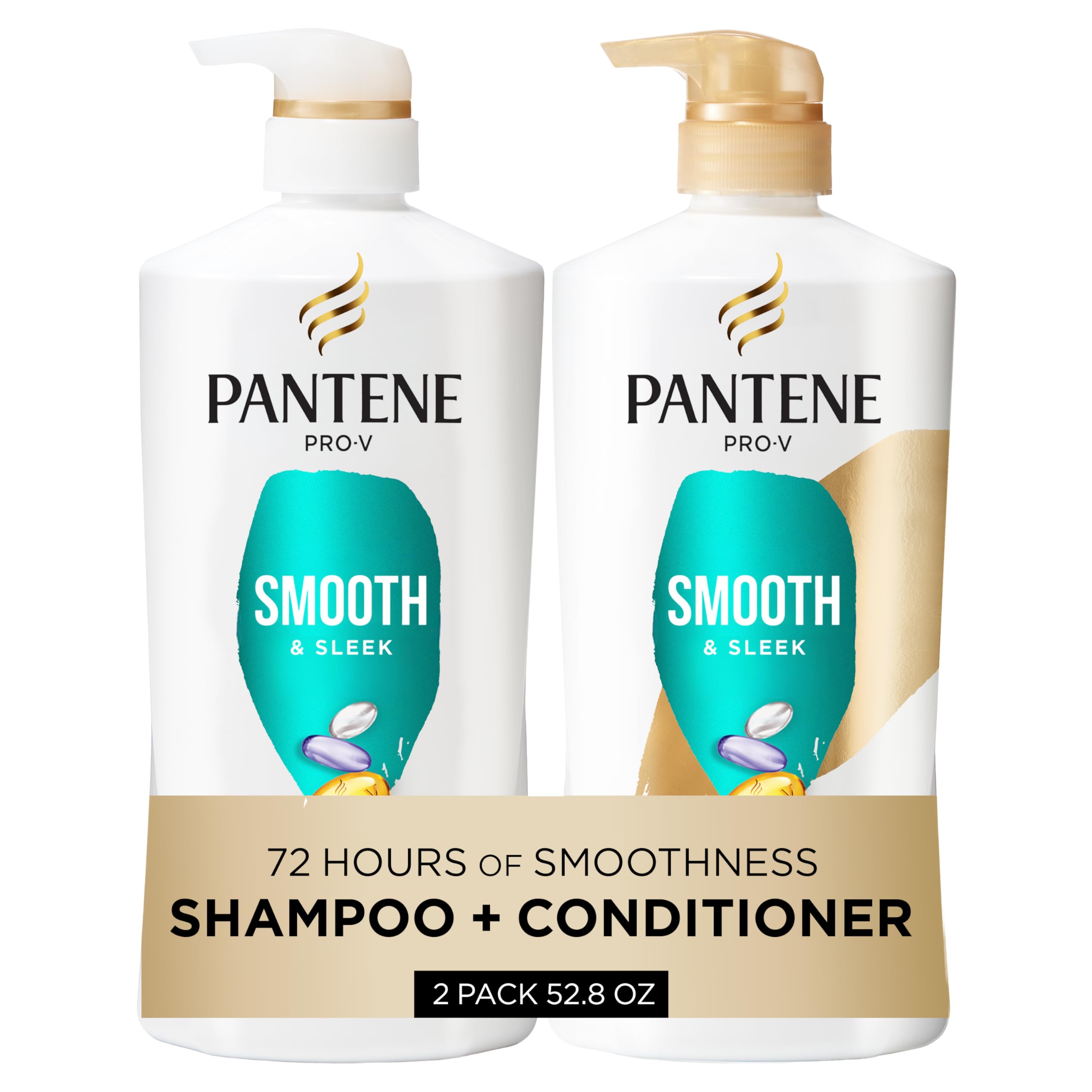 Pantene Smooth & Sleek shampoo bottle demonstrating frizz control in action.