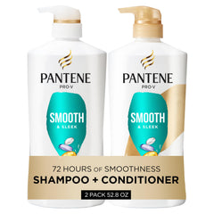 Pantene Smooth & Sleek shampoo bottle demonstrating frizz control in action.