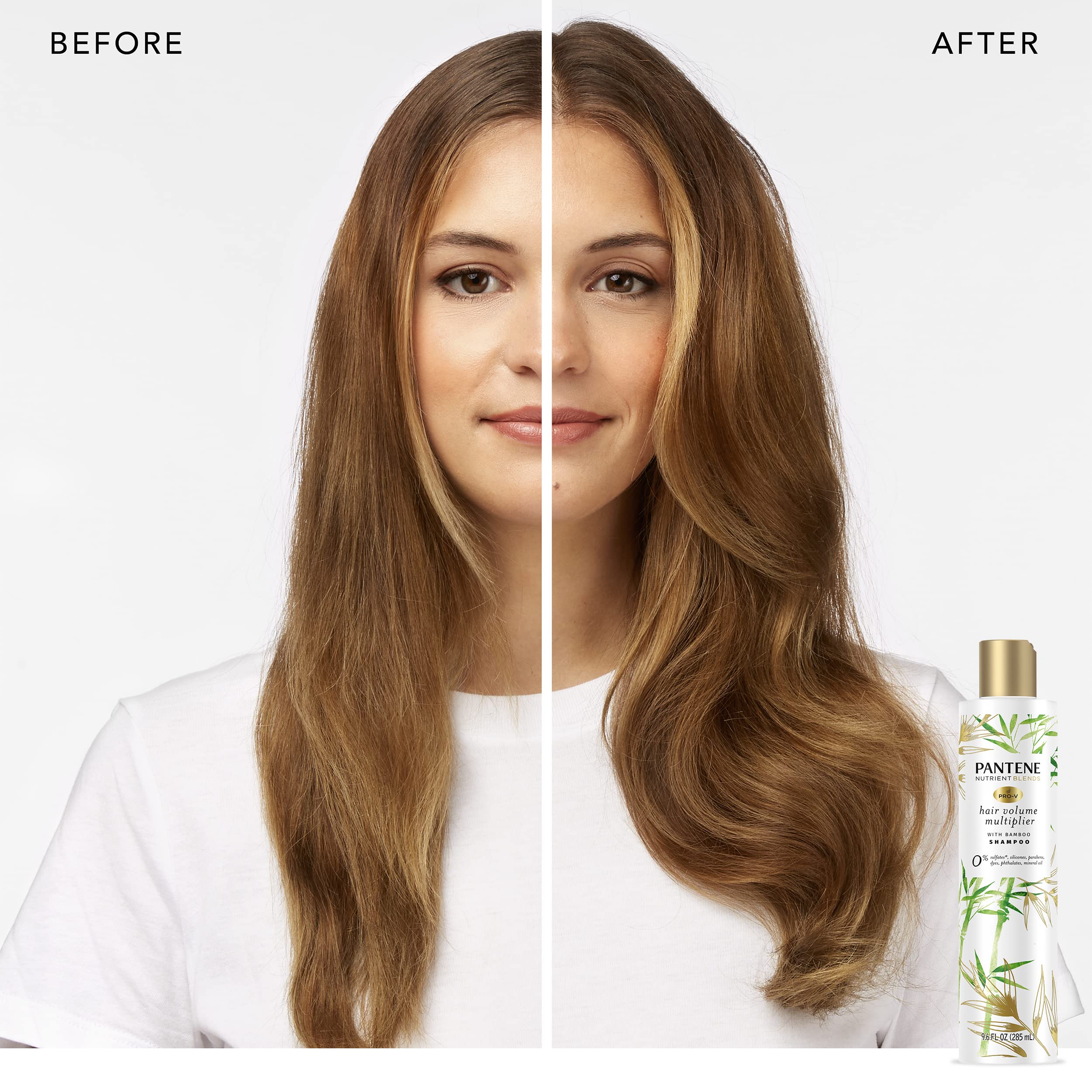 Pantene bamboo shampoo front view emphasizing volume and shine.
