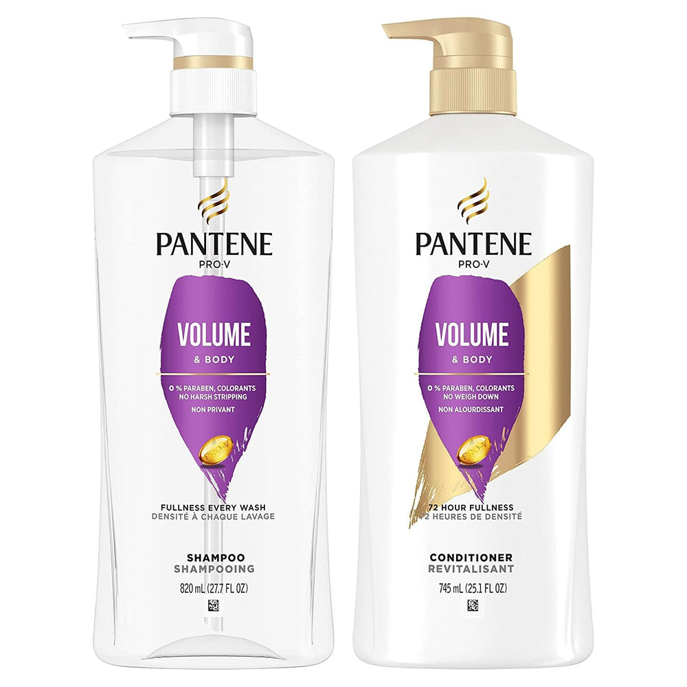 Pantene Volume & Body Shampoo bottle highlighting color-safe formula for fine hair fullness.